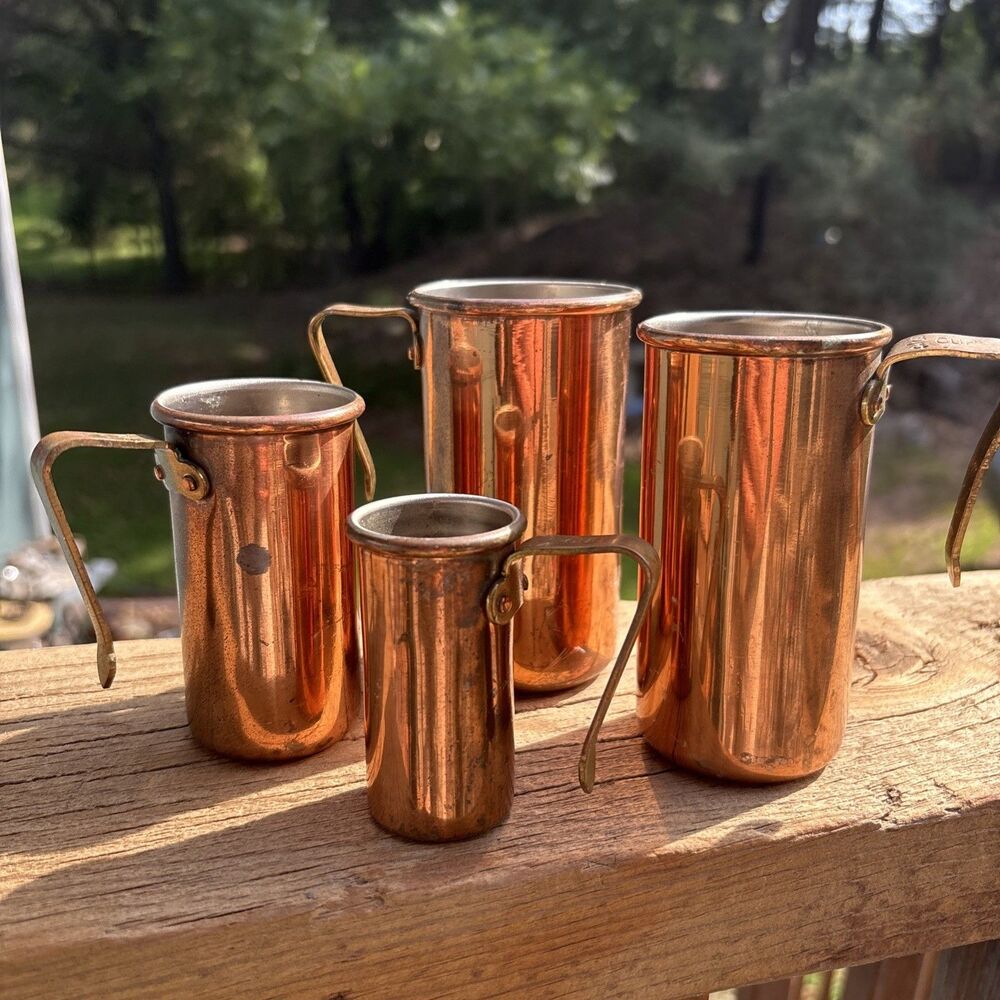 4 Vtg Copper Brass Handle Tall Stacking Measuring Liquid Cups Rustic Farmhouse